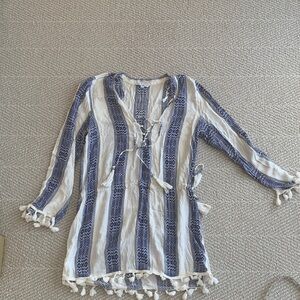 blue island Striped Tassel Tie Tunic in Blue and White